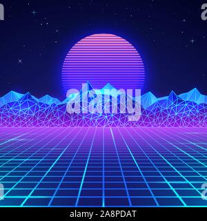 Futuristic retro landscape of the 80`s in neon colors. Sun with mountains in retro style. Digital retro cyber surface. Vector illustration Stock Vector